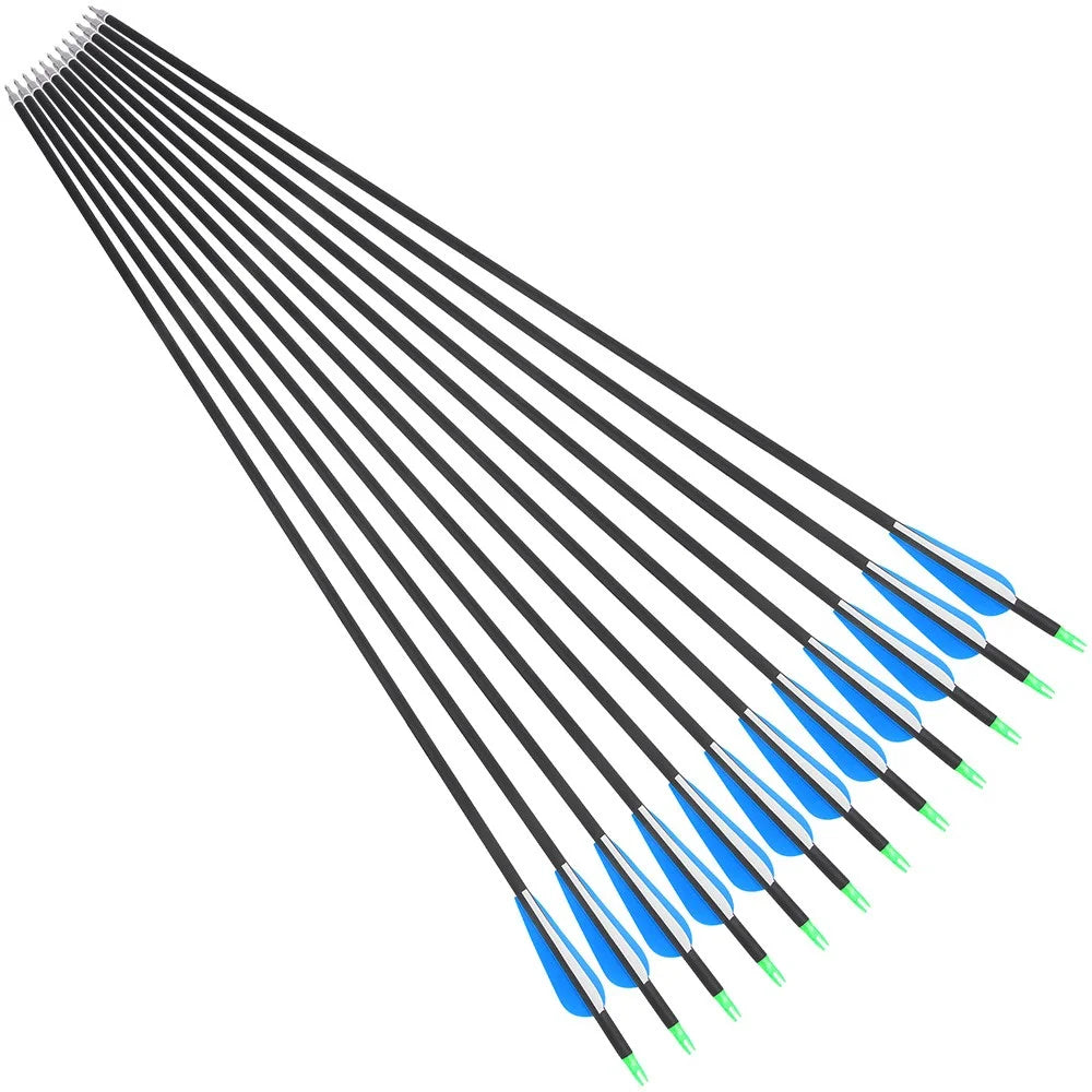 Hunting Carbon Arrows 12pcs 31.5 Inch Spine 500 ID6.2mm OD7.8mm 3 Inch Rubber Feather 100 Grain Tips for Recurve Bow