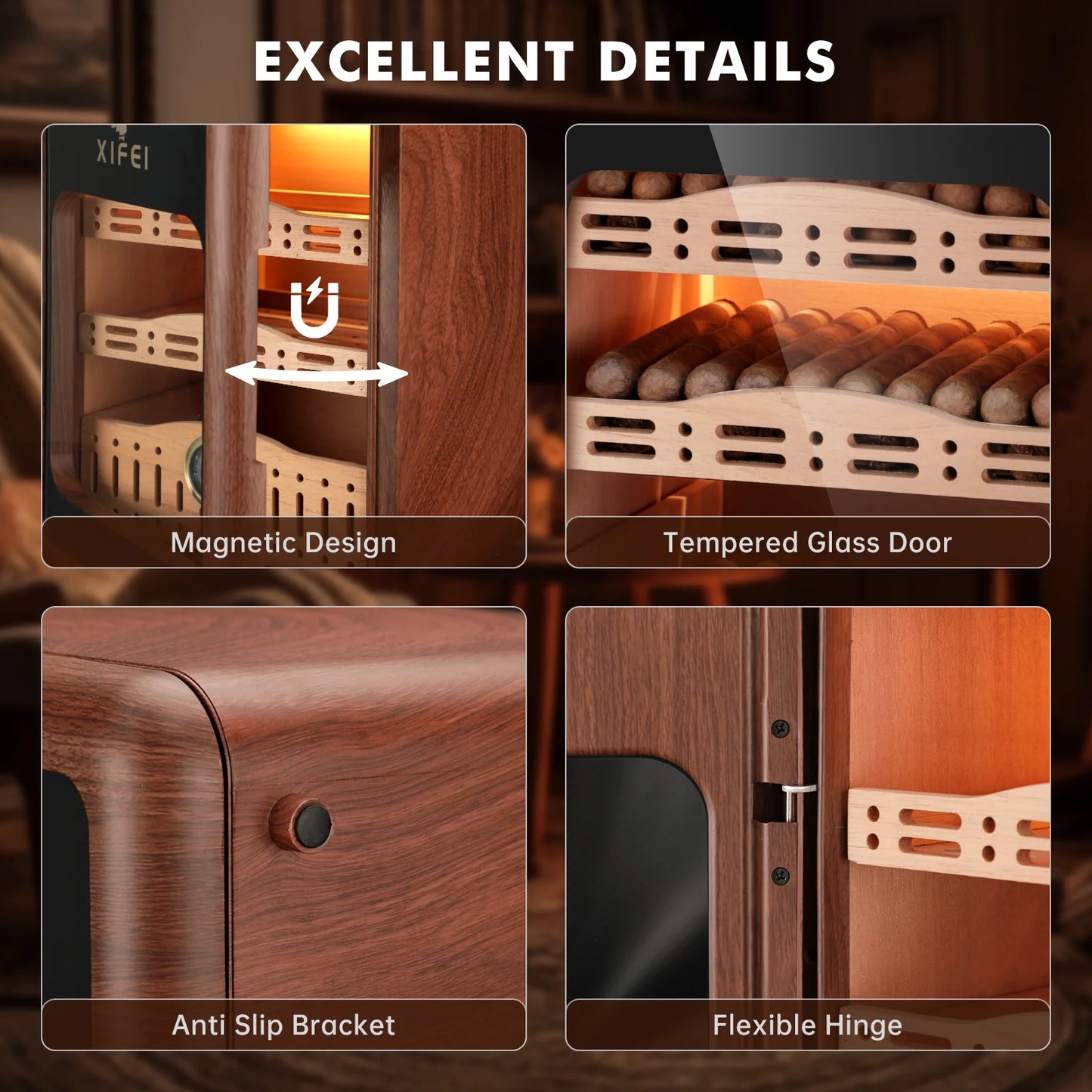 XIFEI Desktop Cigar Humidor With LED Lighting And Cedar Shelves