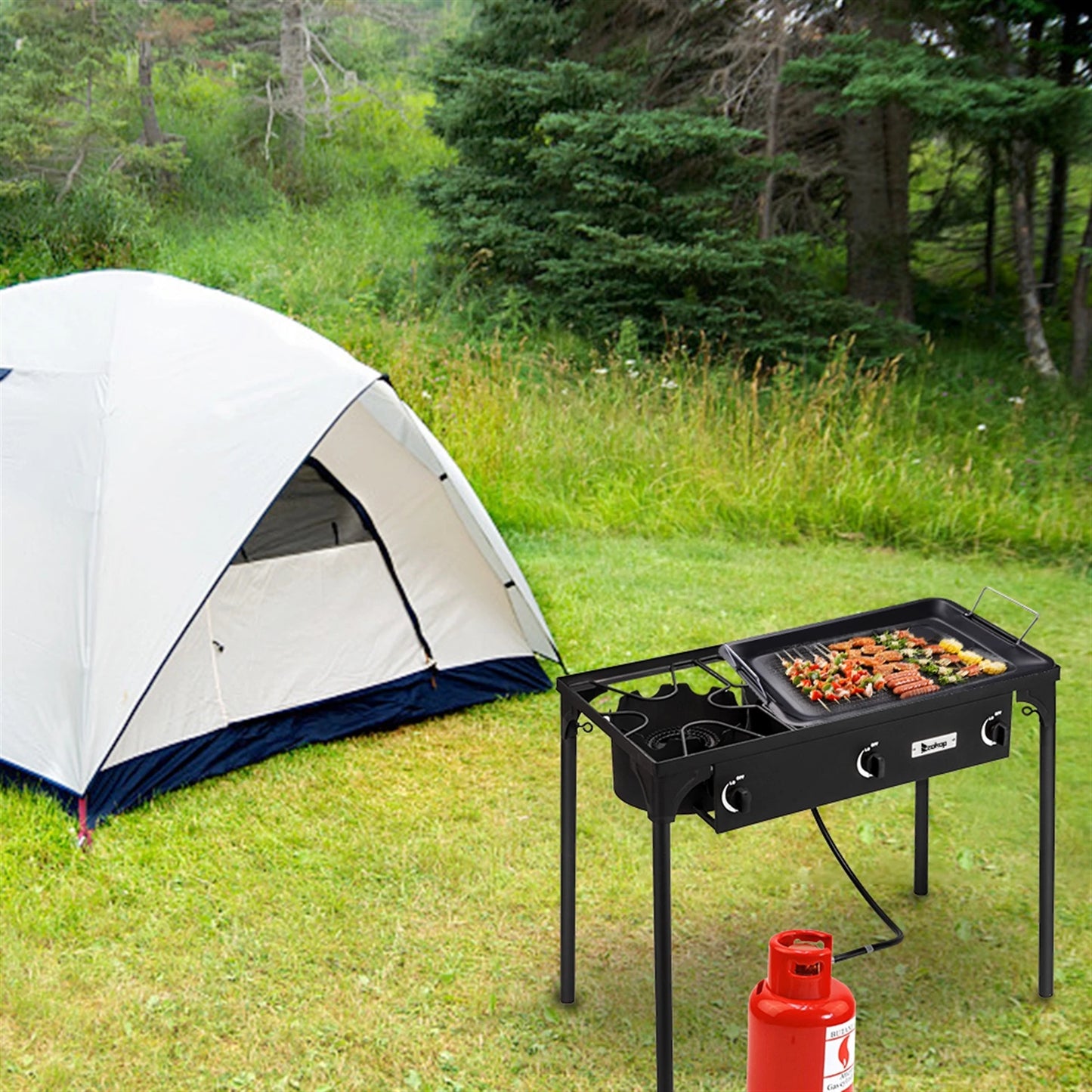 Portable Outdoor Propane Stove With Three Durable Cast Iron Burners