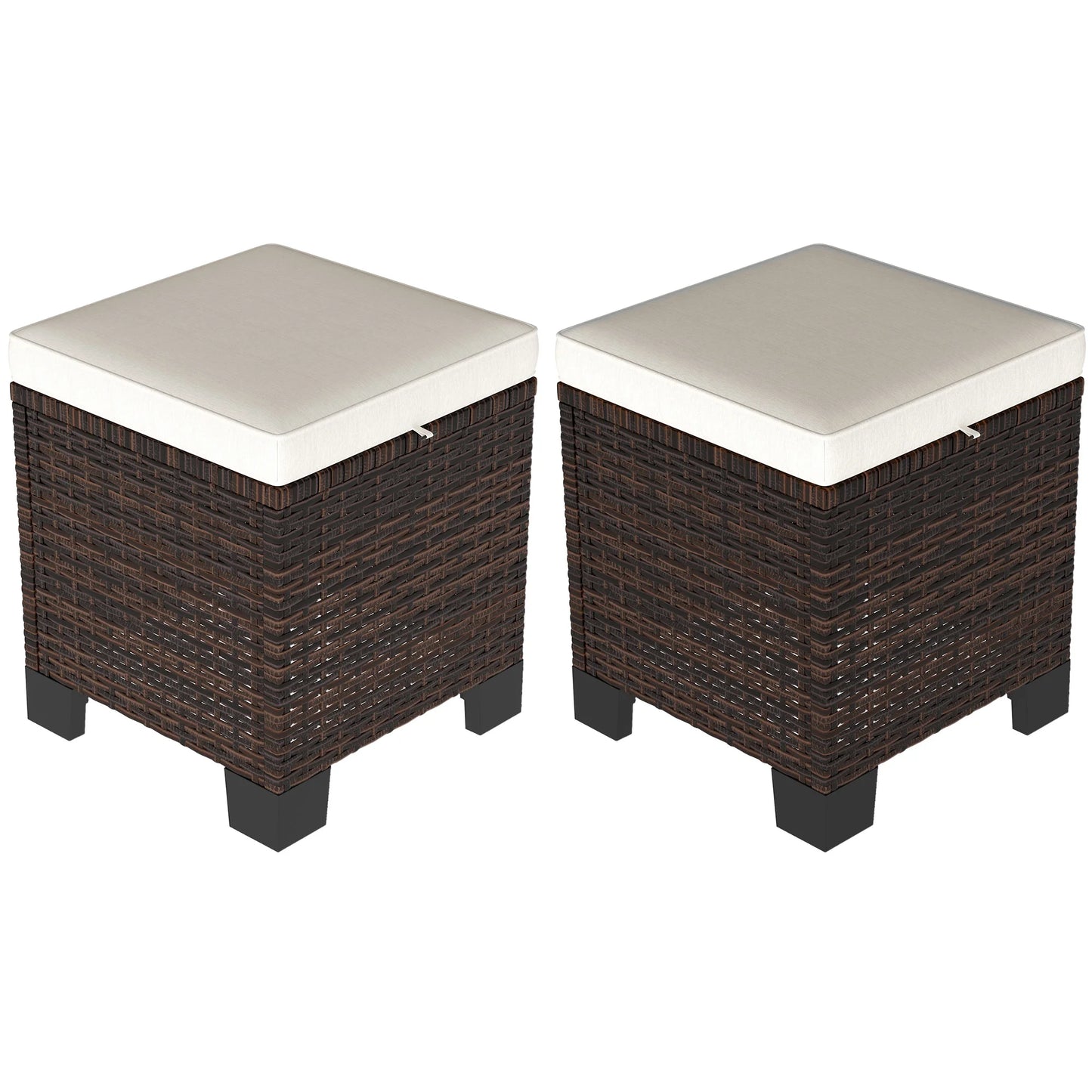 Wicker Outdoor Ottoman Footstool Set of 2 with Cushions, Beige