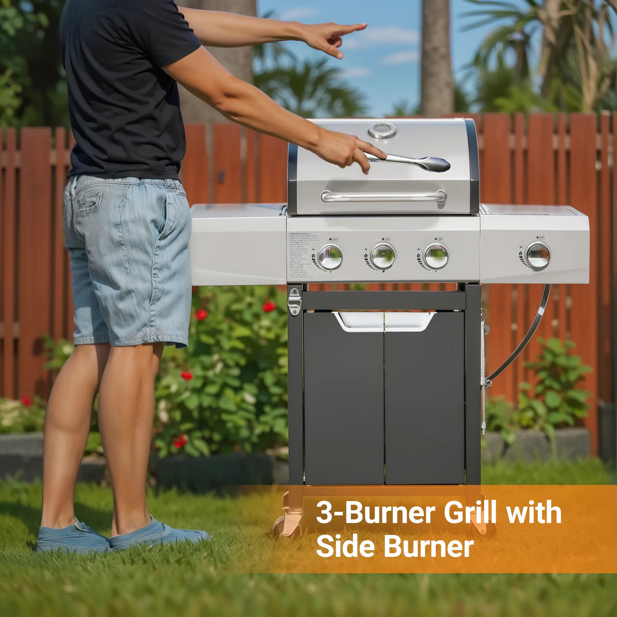 Stainless Steel Propane Grill 3 Burner Gas Grill with Side Burner for Outdoor BBQ Camping