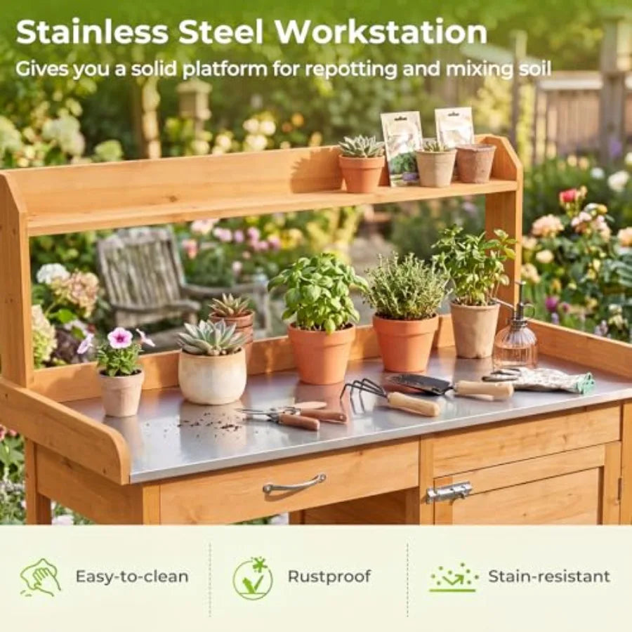 Potting Bench Table with Storage Cabinet Drawer Yellow Plant Workstation with Shelves 3 Hooks, Solid Fir Wood for Indoor Outdoo