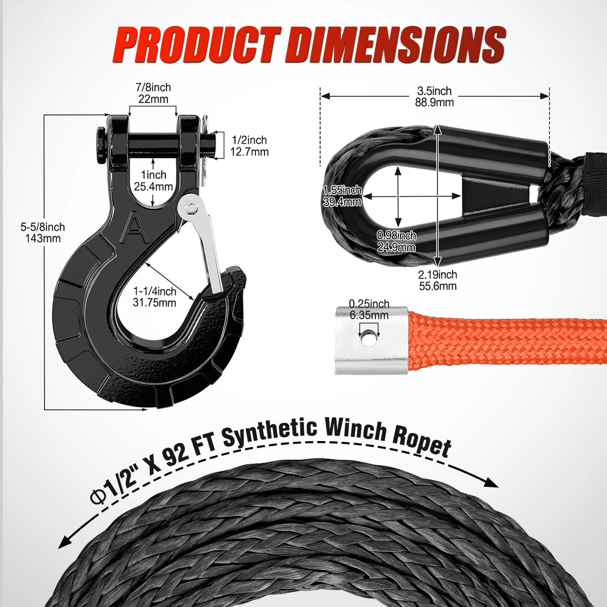 Nilight 1/2" x 92' Synthetic Winch Rope 32,000 lbs Winch Line Cable Ropes Kit with Protective Sleeve 35000lb Heavy Duty Winch Hook for SUV 4WD Off Road Vehicle Truck ATV UTV, Black & Orange