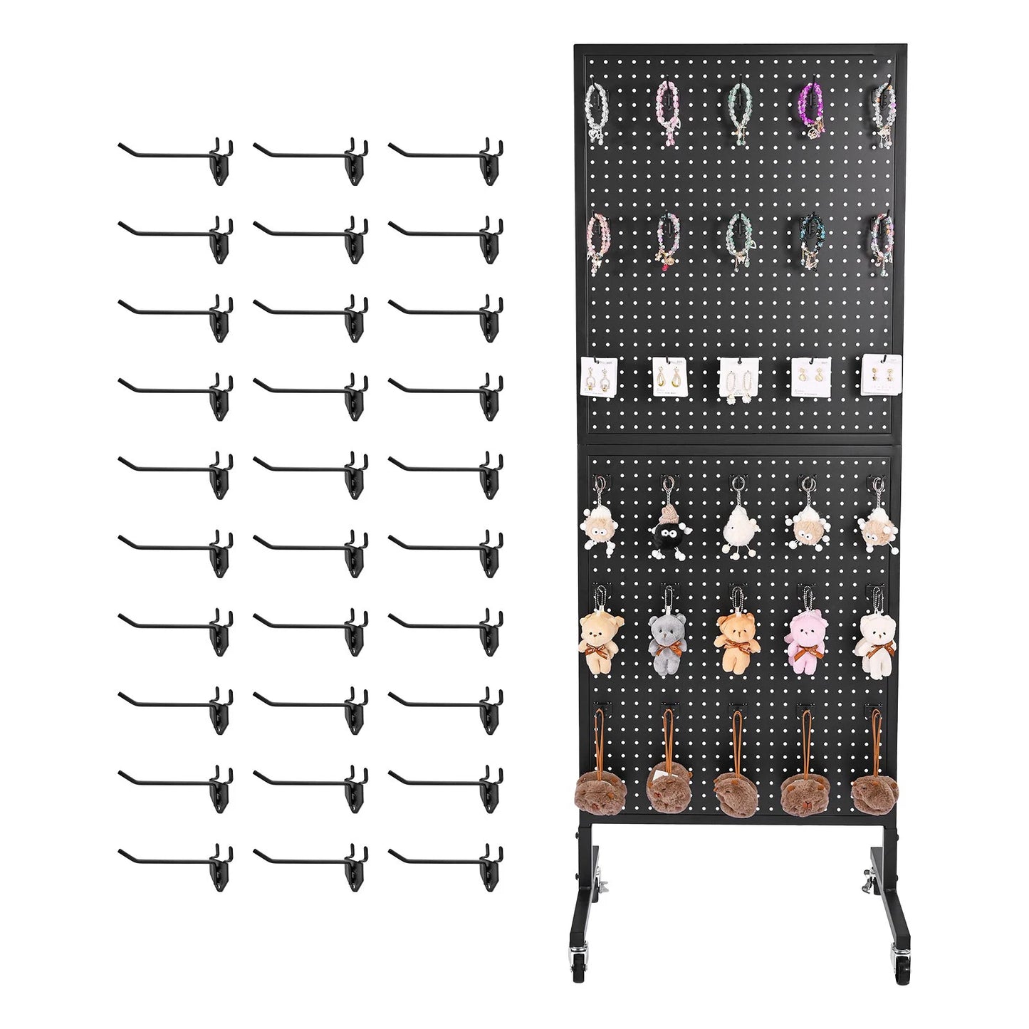 SucceBuy Steel Standing Pegboard Display Rack With Hooks And Wheels