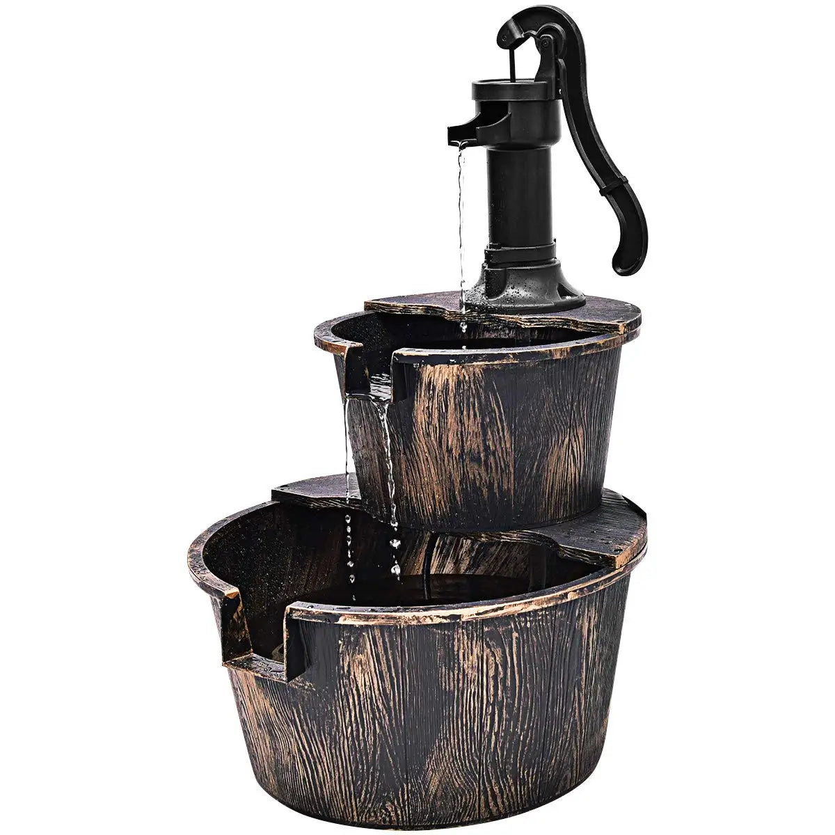 Two Tier Wooden Barrel Waterfall Fountain With Electric Pump