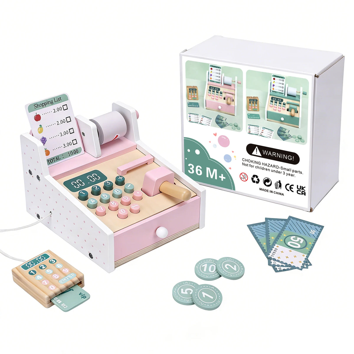 Wooden Cash Register Scanner Math Learning Role Play Toy
