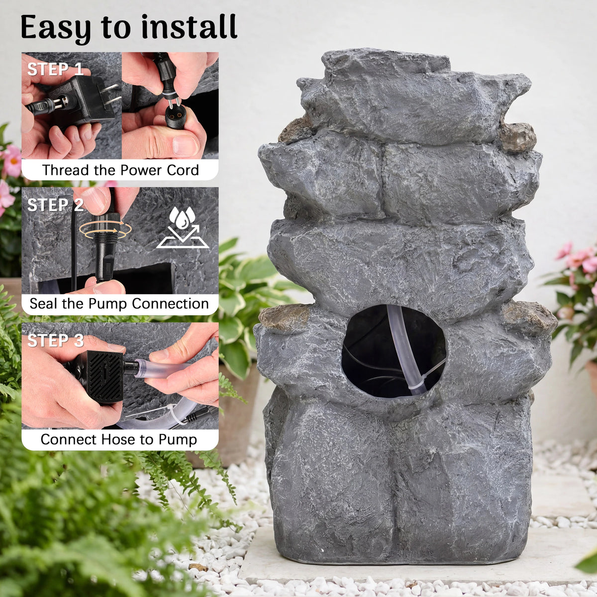 Cascading Rock Water Fountain With LED Lights For Outdoor Patio