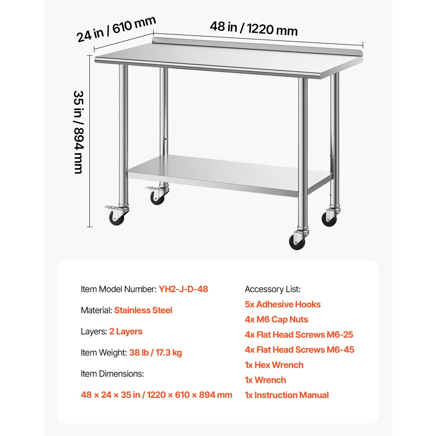 SucceBuy Stainless Steel Work Table With Wheels Commercial Kitchen Station