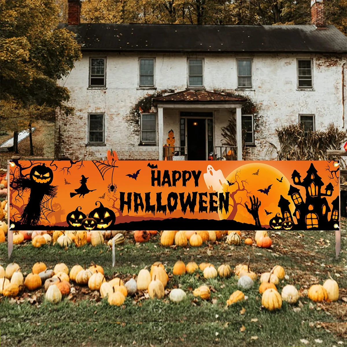 Happy Halloween Outdoor Pumpkin Bat Banner Party Backdrop Decor