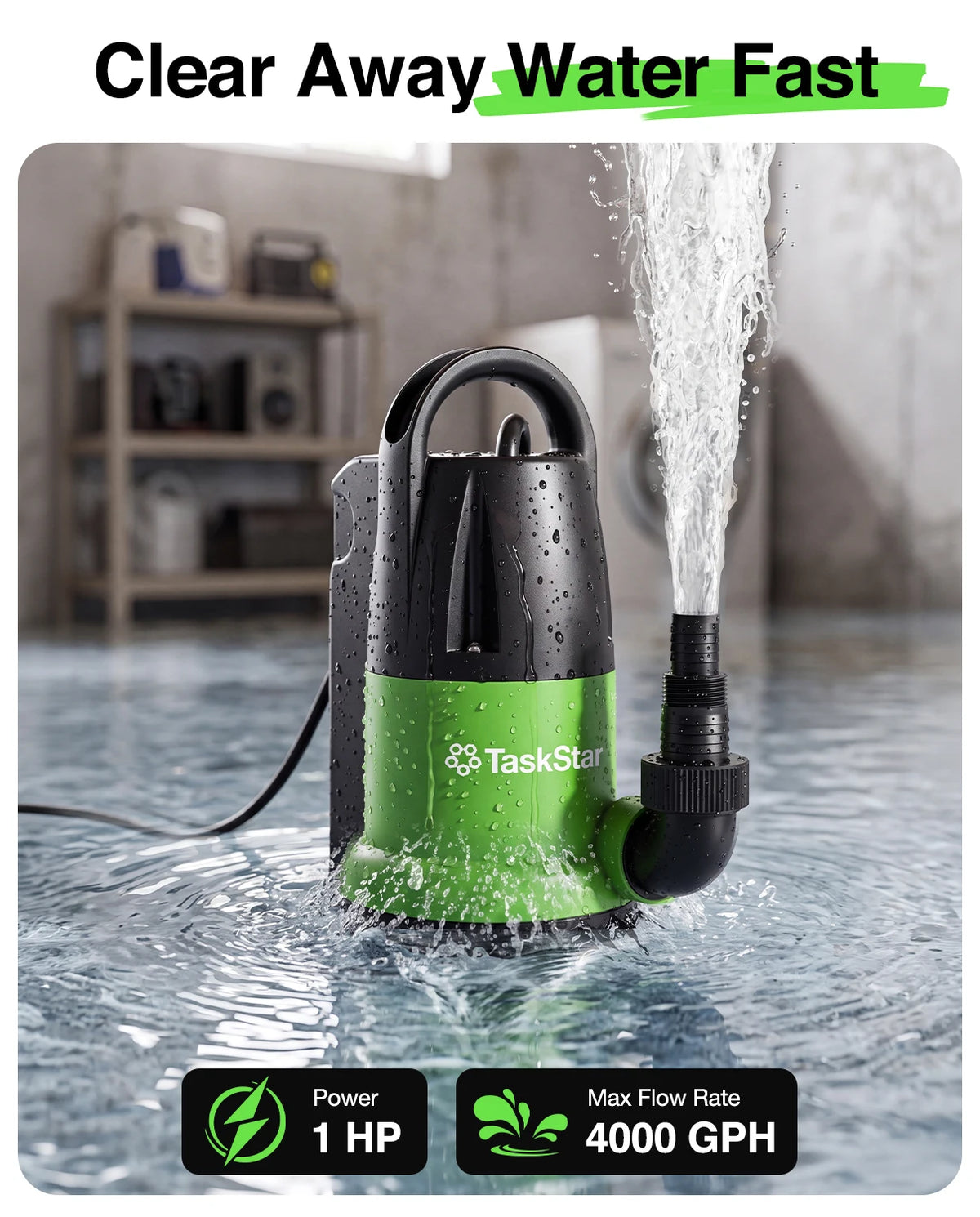 TaskStar 1HP Submersible Water Pump 4000GPH Sump Pump with 25Ft Long Cord Built‑in Vertical Float Switch 28Ft Max Lift for Basement Pool Hot Tub Yard Flood Drainage