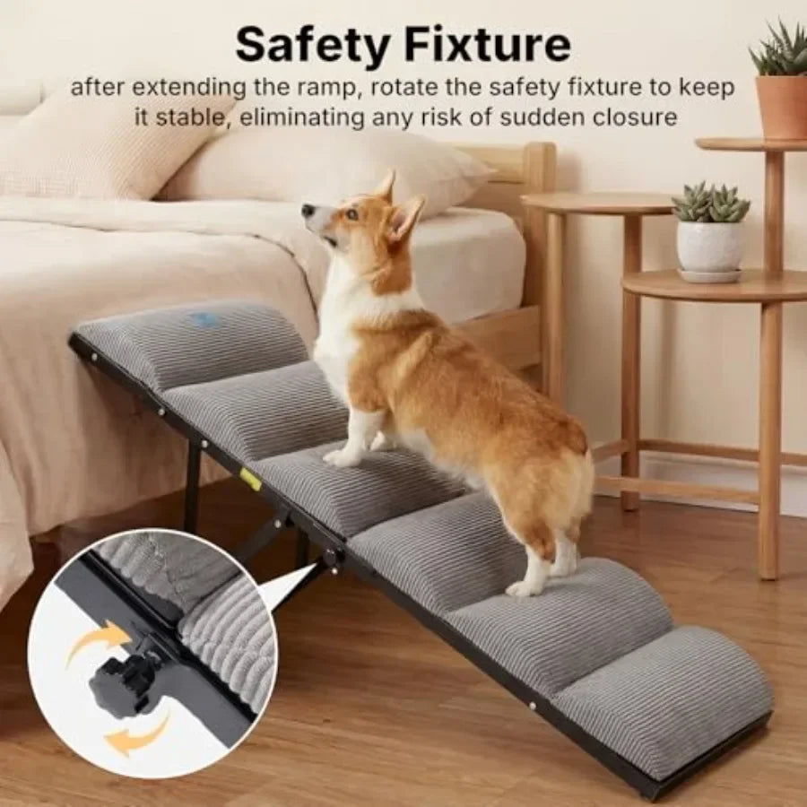 Dog ramp for bed and couch use, aluminum alloy frame, black color, foldable with 5 adjustable heights 12 to 20,non-slip surface