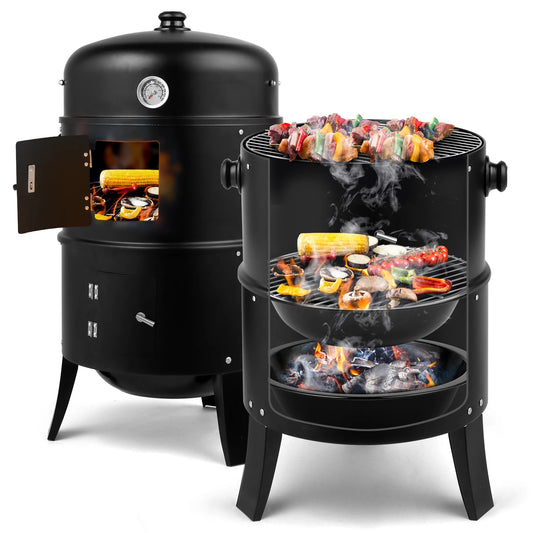 80 x 41 x 48 cm Iron Spray Smoker Carbon Grill Black Durable Portable for Outdoor Camping BBQ with Thermometer and Air Vent