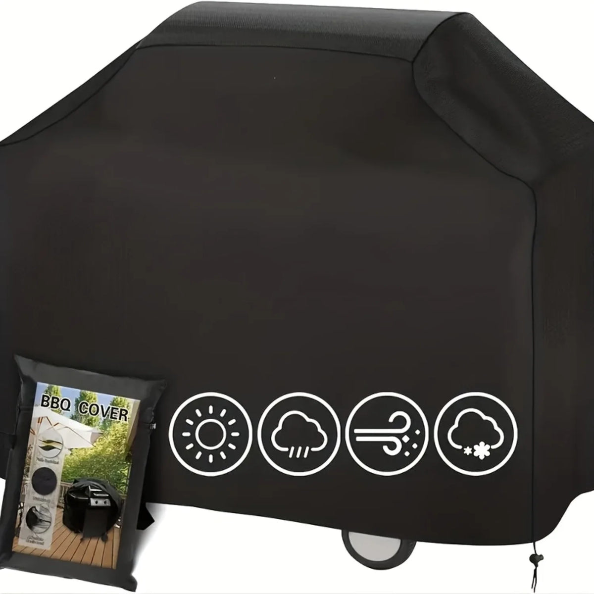 1-Pack Heavy-Duty BBQ Cover—Sun and Dust Protection, All-Weather Protection, Velcro Straps, and a Drawstring at the Bottom for Double Securing—Wind-Resistant and Stay-in-Place—Ideal Outdoor BBQ Accessory for Camping, Ba