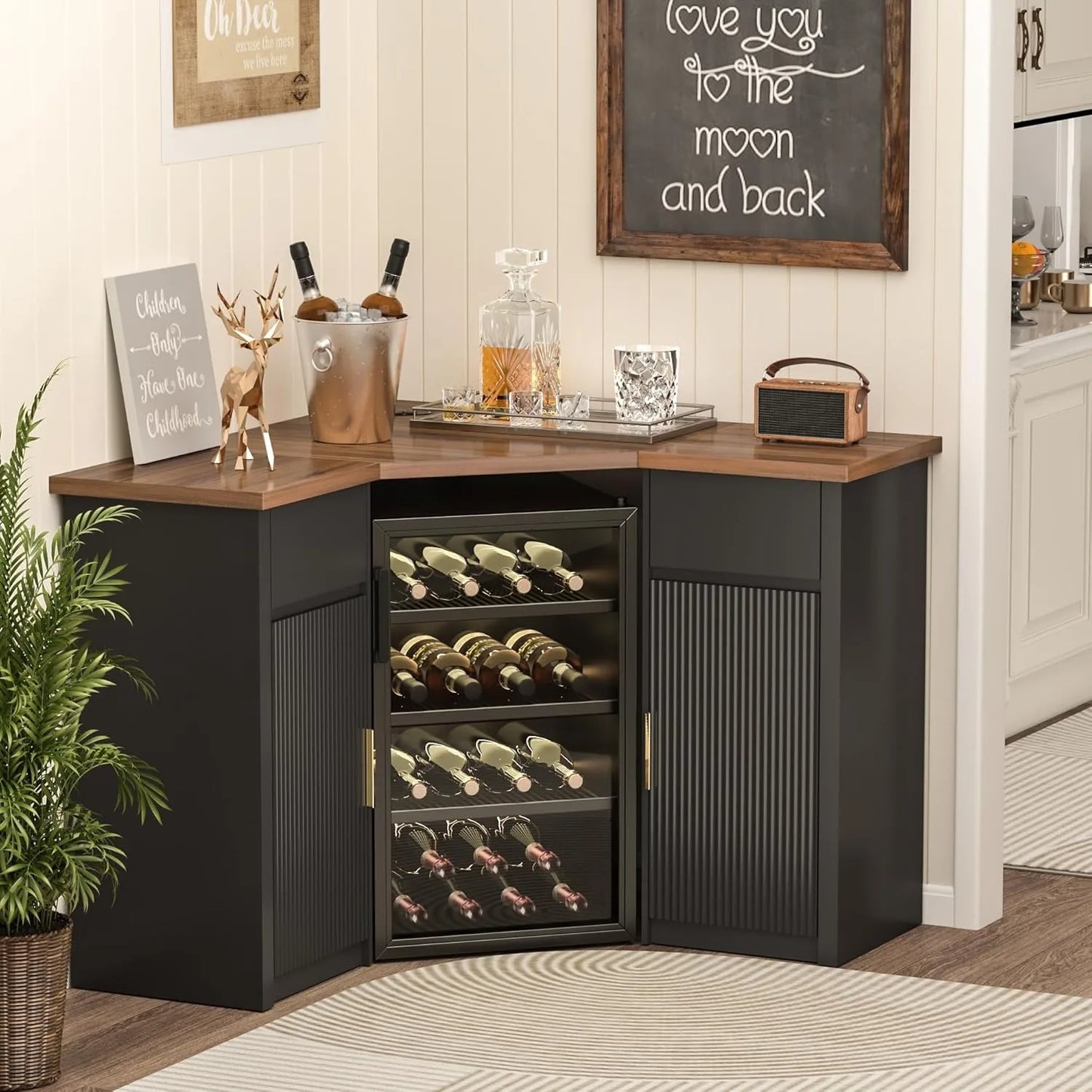 XIUWO Corner Bar Cabinet With Fridge Space Home Beverage Station