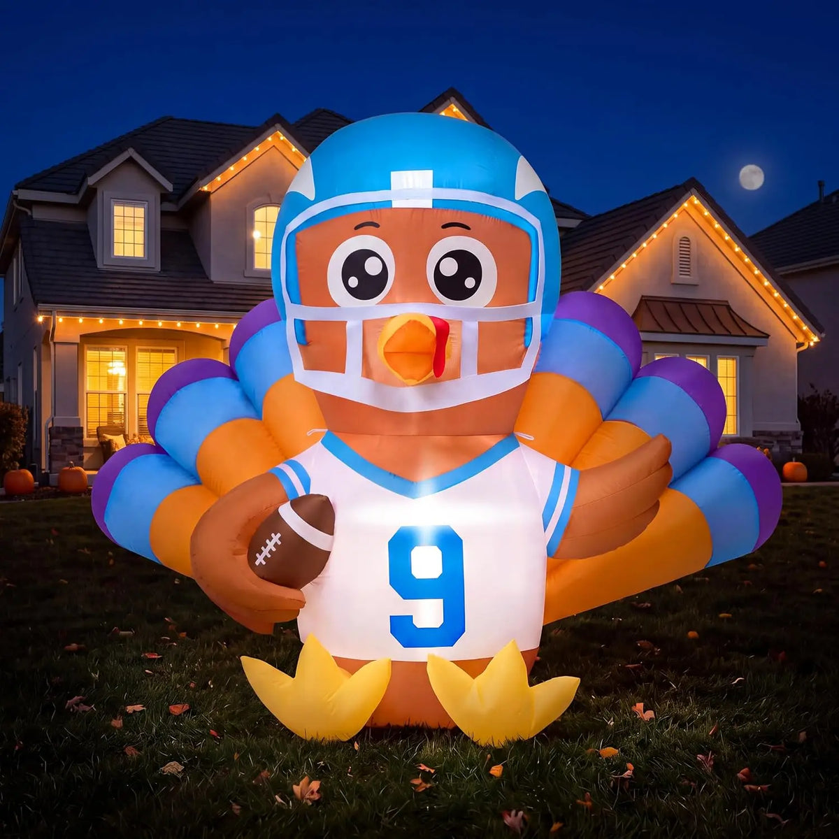 Joyfy Light Up Thanksgiving Turkey Inflatable With Football Outdoor Decor