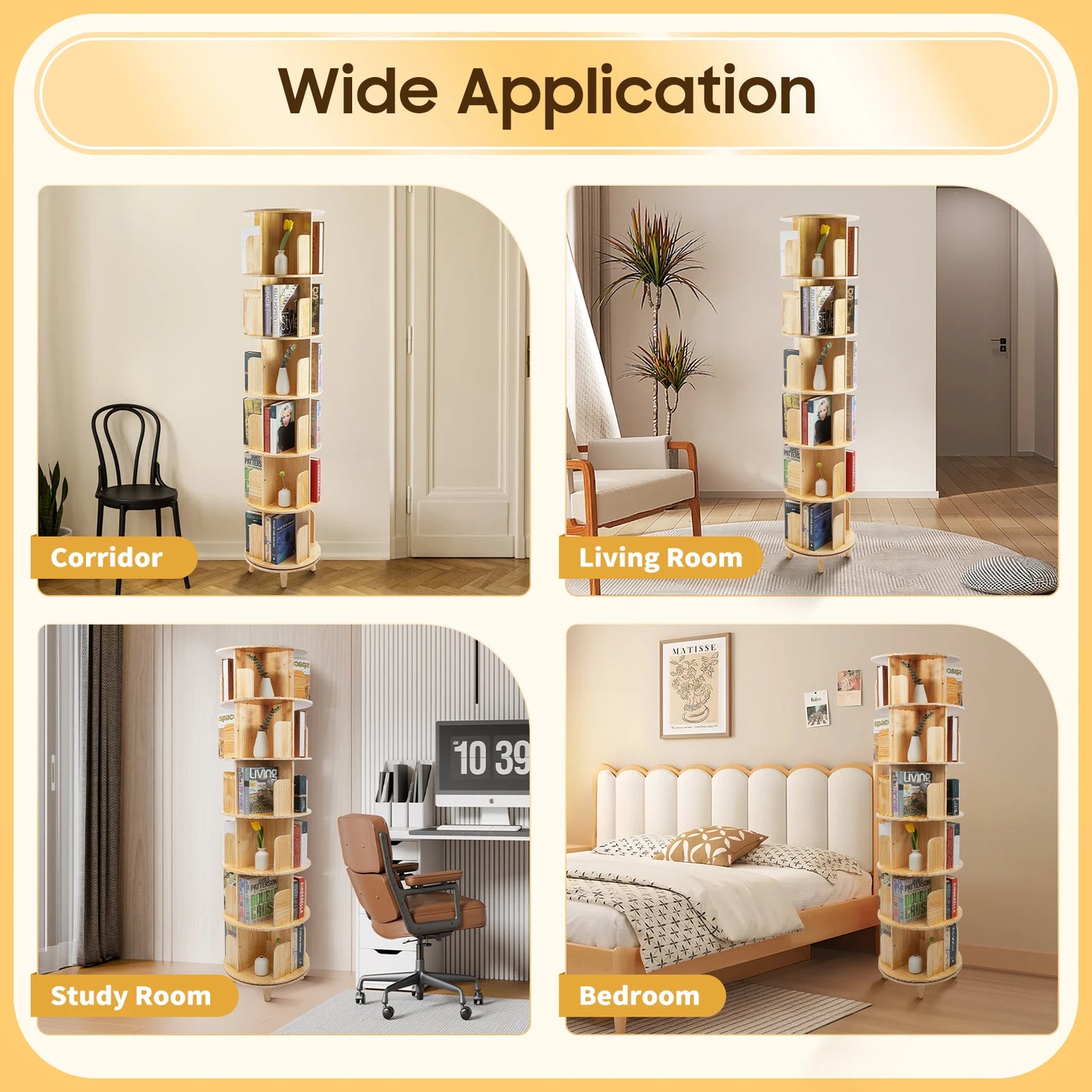 Round Rotating Bookshelf With Wooden Storage Rack For Home