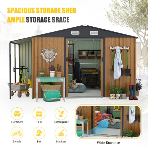 10x12 foot outdoor storage shed, oversized metal shed with lockable doors and windows, outdoor steel cabin