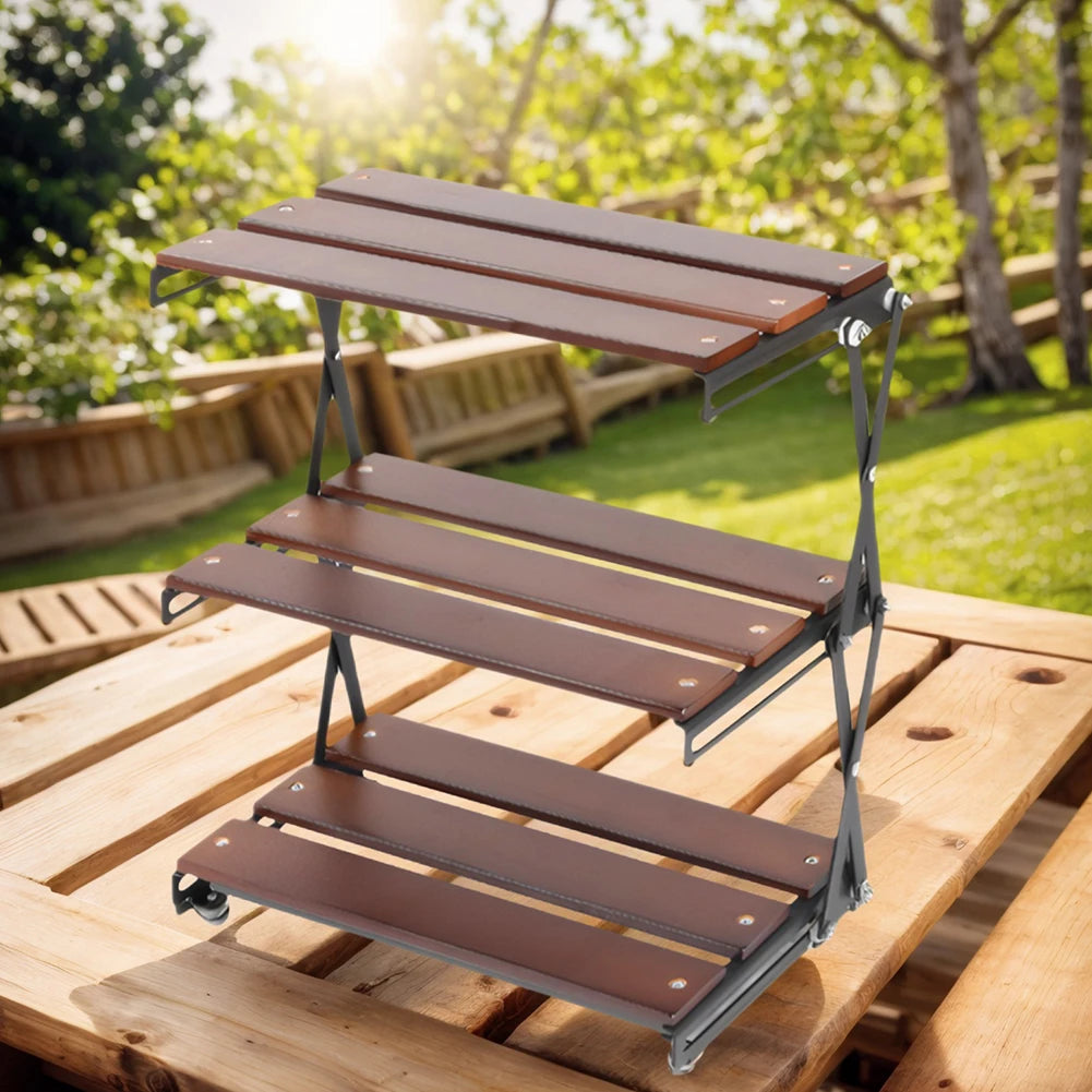 3-Tier Foldable Wooden Camping Shelf with Metal Frame Portable Countertop Storage Rack Outdoor Camping Rack Camping Accessories