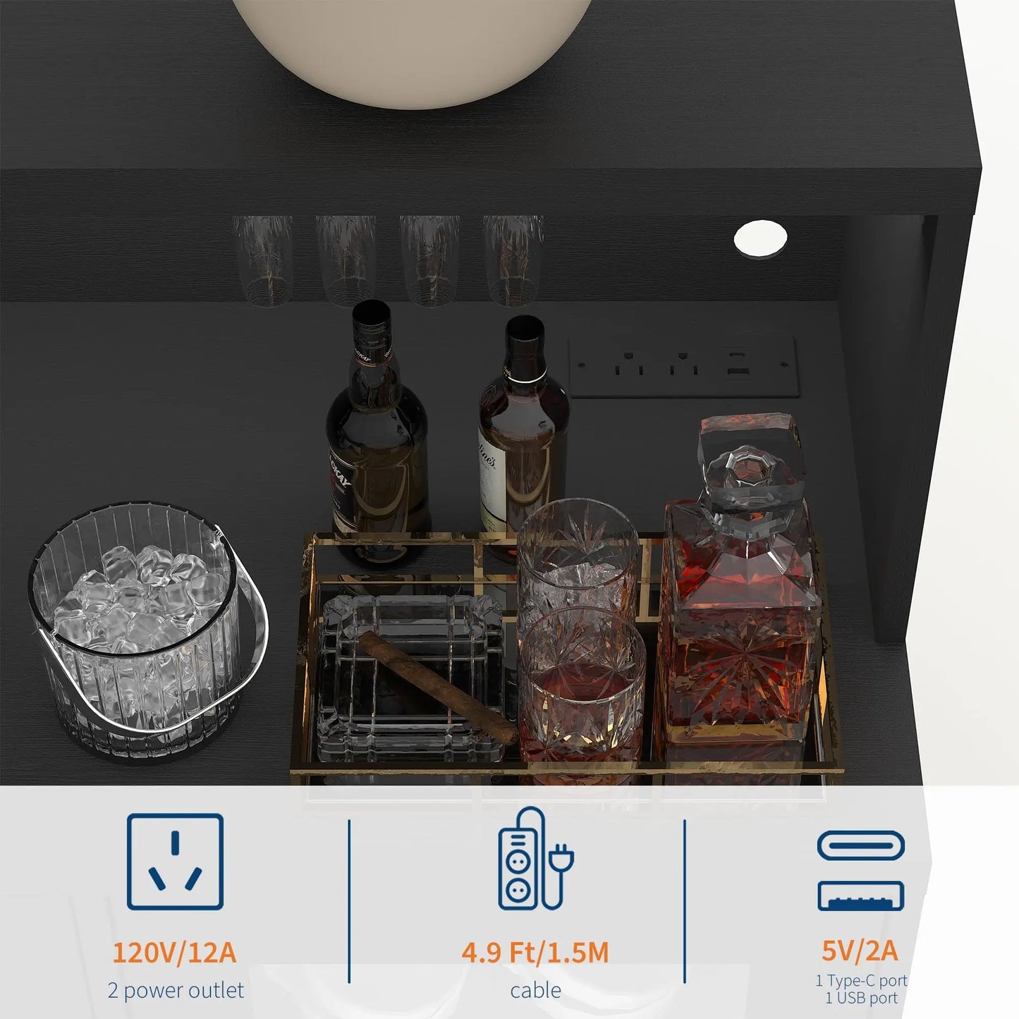 HiMiss LED Wine Bar Cabinet Glass Doors Charging Station