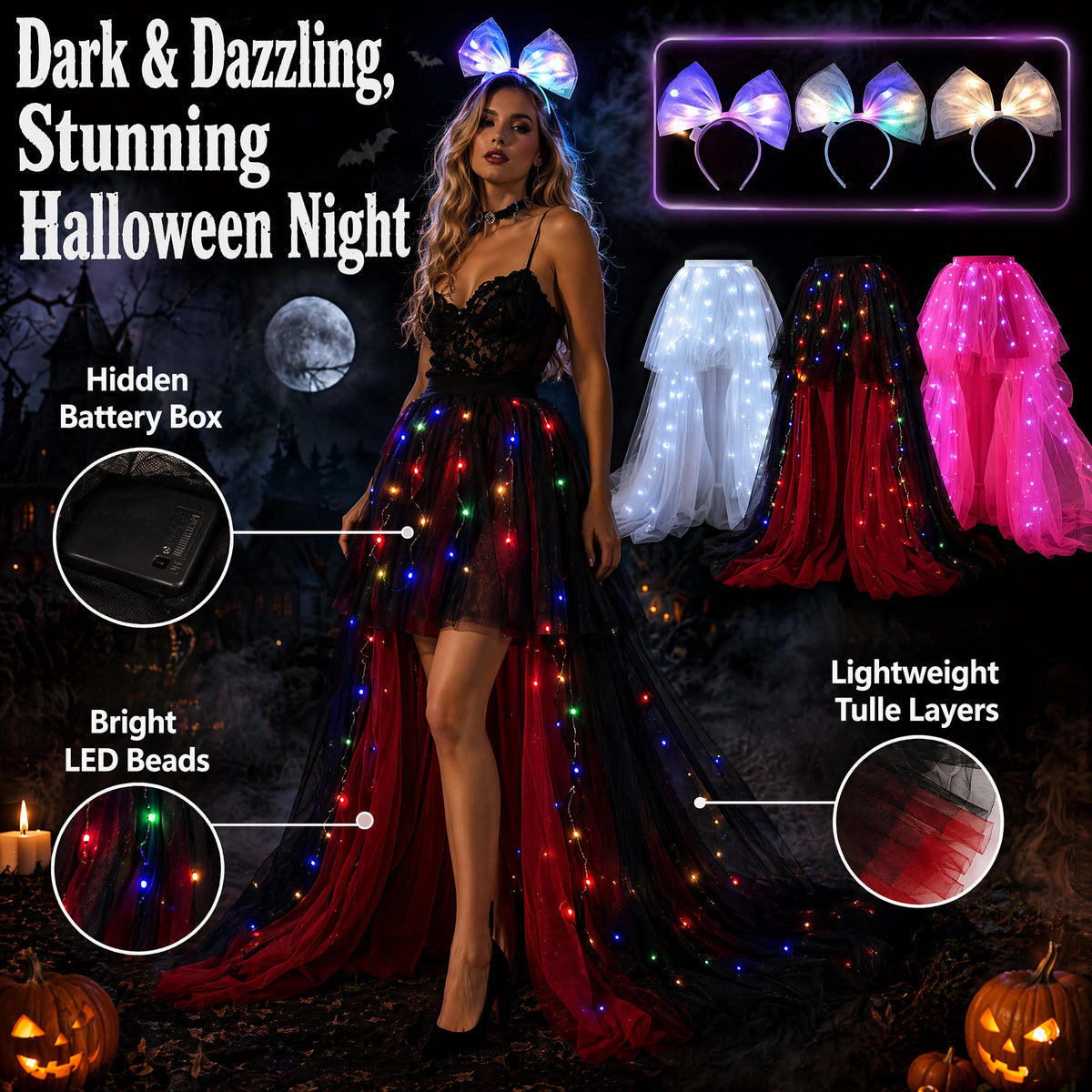 LED Glowing High Low Tulle Tutu Skirt For Halloween Party
