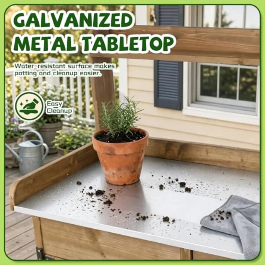 Outdoor Potting Bench Table For Patio, Backyard, Garden, Greenhouse; Wooden Frame With Metal Tabletop; Natural Brown; Includes