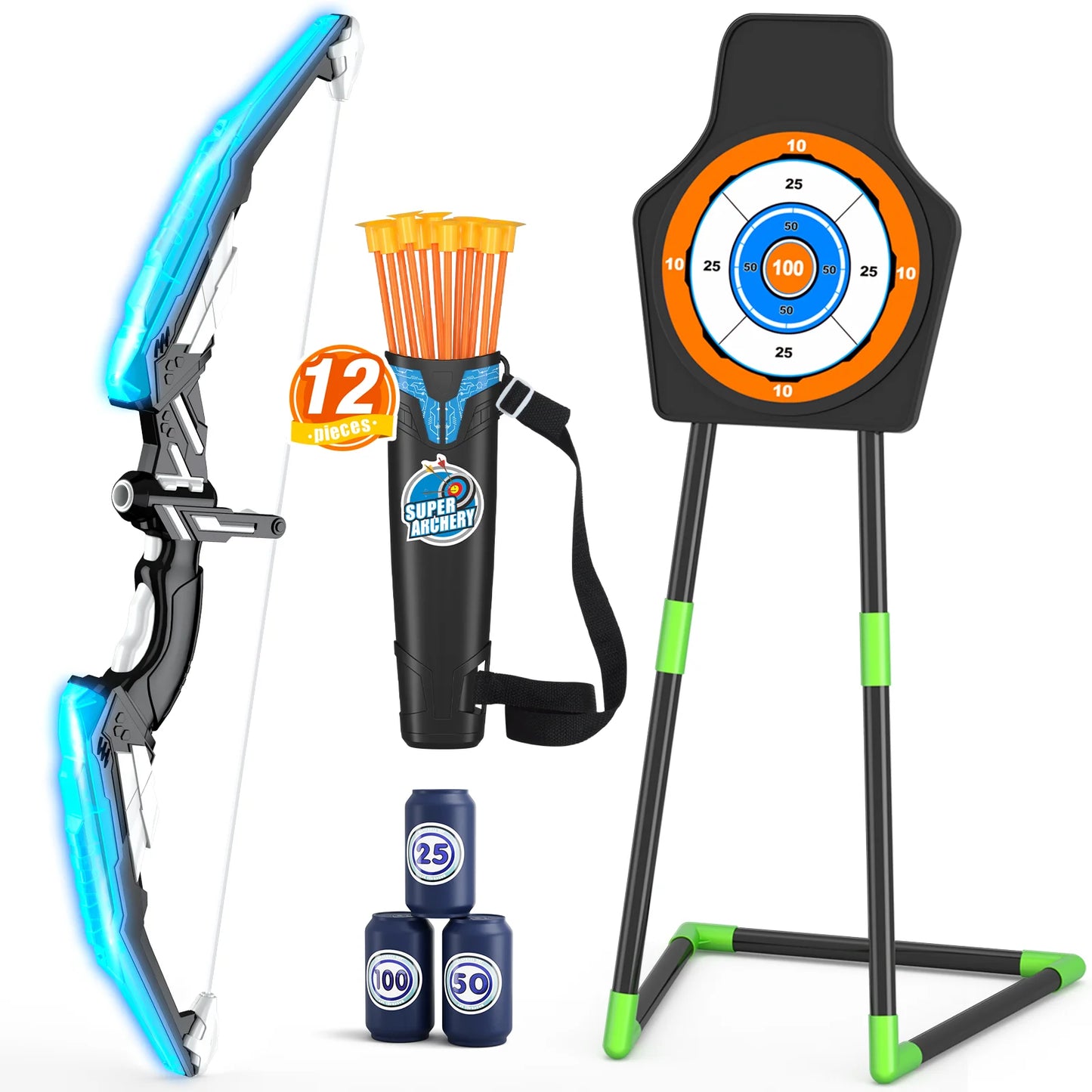 Bow and Arrow for Kids, LED Light Up Archery Set with 12 Suction Cup Arrows, 1 Standing Target, 3 Score Targets & 1 Quiver, Indoor Outdoor Sport Gifts for Boys Girls Ages 3+,Birthday Halloween Christmas Gift