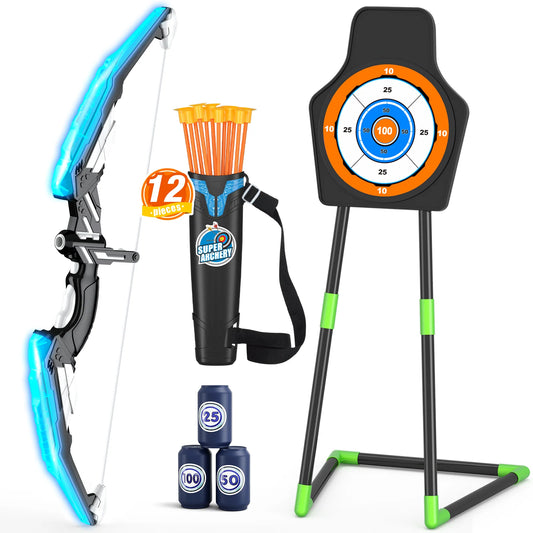 Bow and Arrow for Kids, LED Light Up Archery Set with 12 Suction Cup Arrows, 1 Standing Target, 3 Score Targets & 1 Quiver, Indoor Outdoor Sport Gifts for Boys Girls Ages 3+,Birthday Halloween Christmas Gift