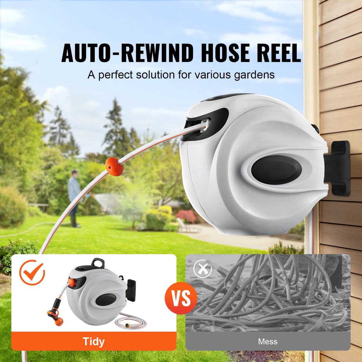 SucceBuy Retractable Garden Hose Reel With Auto Rewind Wall Mount