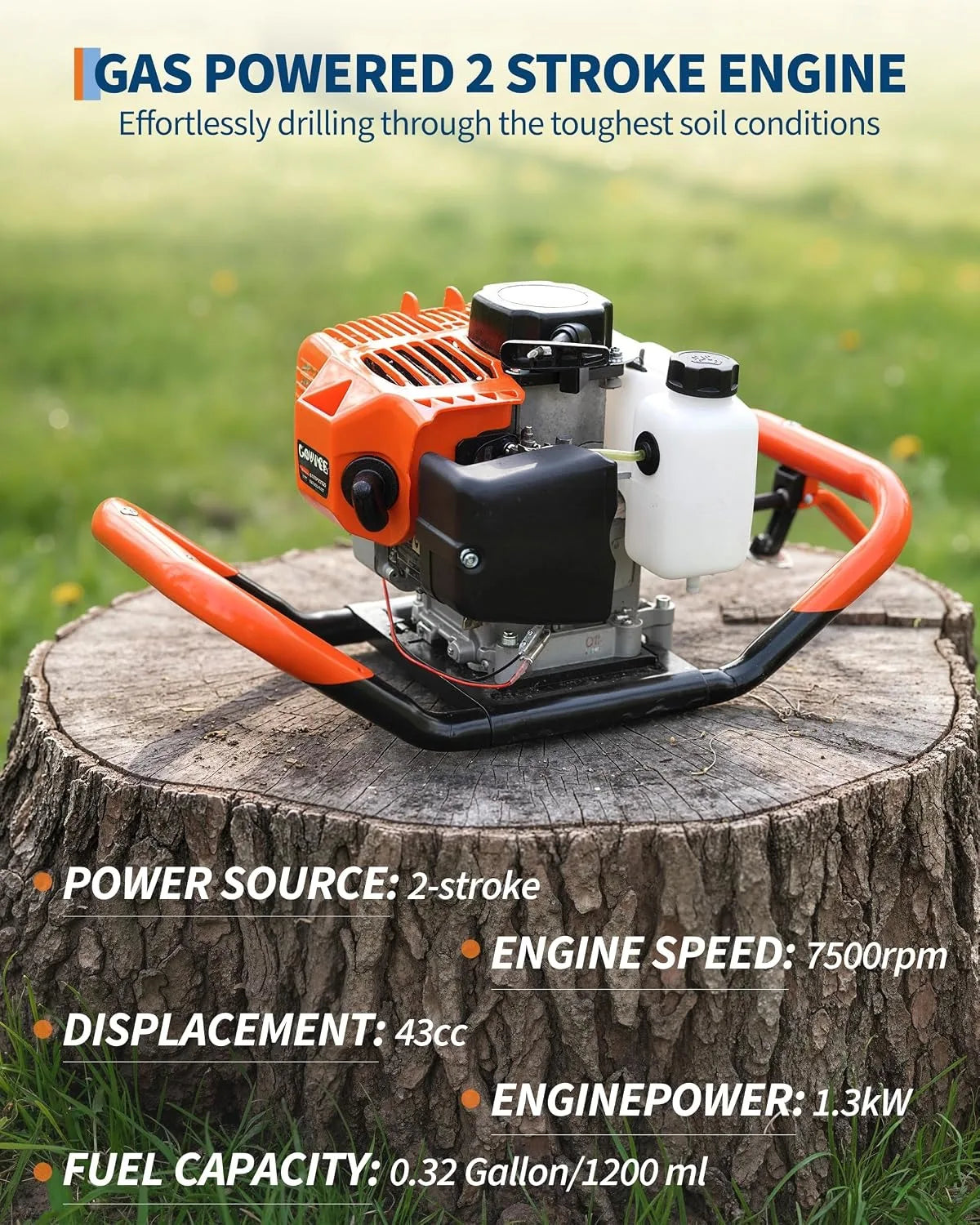 43cc Gas Powered Post Hole Digger with 8 Inch Auger Bit 31.5 Inch Deep Earth Auger Drill Machine EPA Certified Heavy Duty Fence Post Hole Digger for Farm Garden Landscaping