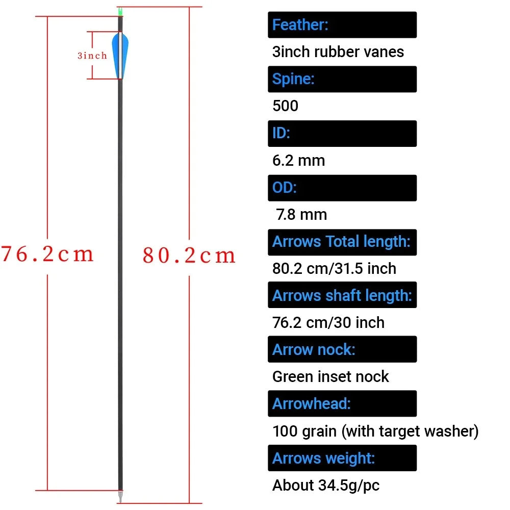 Hunting Carbon Arrows 12pcs 31.5 Inch Spine 500 ID6.2mm OD7.8mm 3 Inch Rubber Feather 100 Grain Tips for Recurve Bow