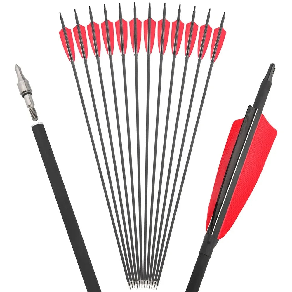 12pcs Archery Mixed Carbon Arrows Spine 500 ID6.2mm OD7.8mm 4 Inch Shield Turkey Feathers 100 Grain Tips for Compound Recurve Bow Hunting Shooting