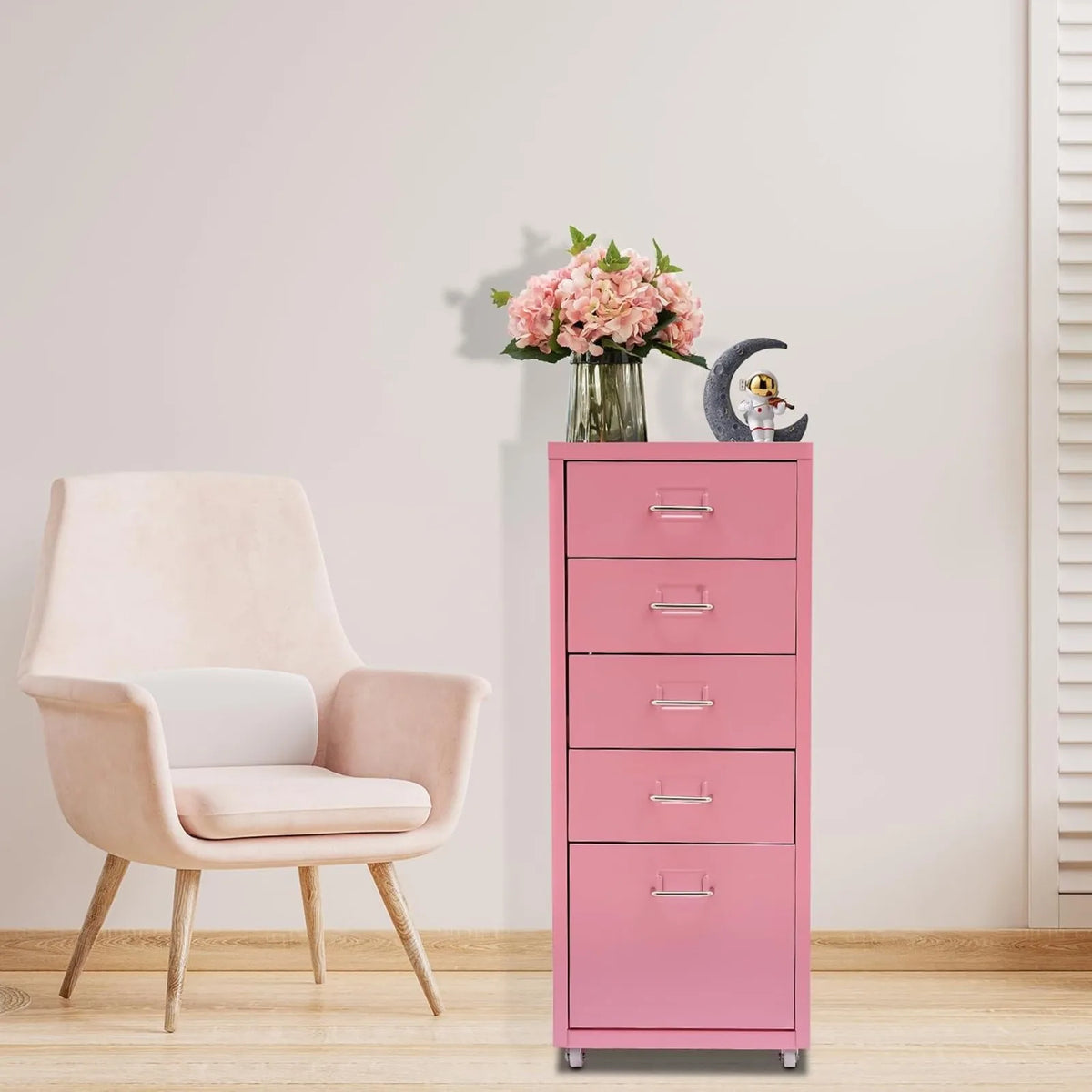Metal File Storage Cabinet With Five Drawers And Rolling Casters