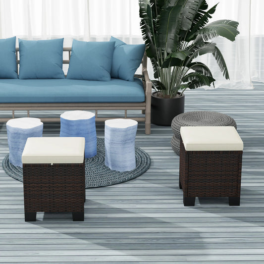 Wicker Outdoor Ottoman Footstool Set of 2 with Cushions, Beige