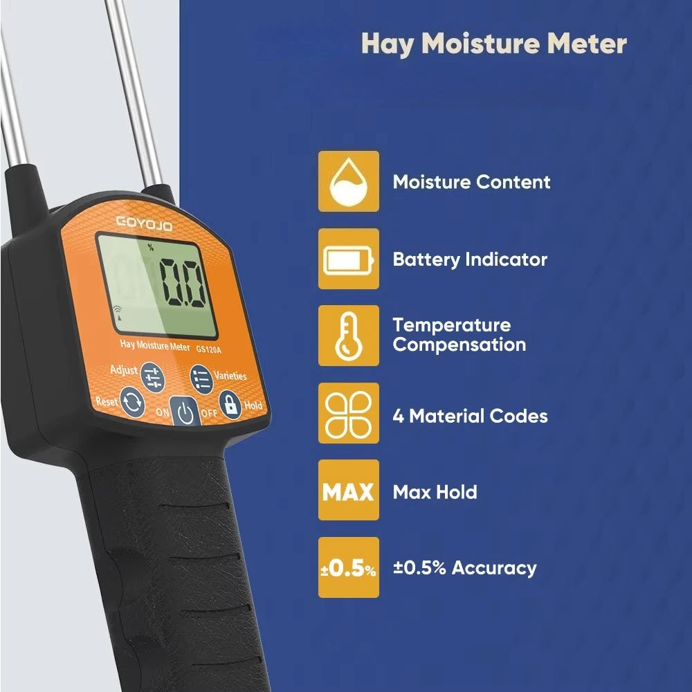 Portable Digital Hay Moisture Tester Meter Probe Tester with LCD, 0-80% Moisture Range, for Alfalfa, Leymus, Orchard Grass, Straw Bales Fast Accurate Digital Sensor Hay bale Moisture Meter GS120A