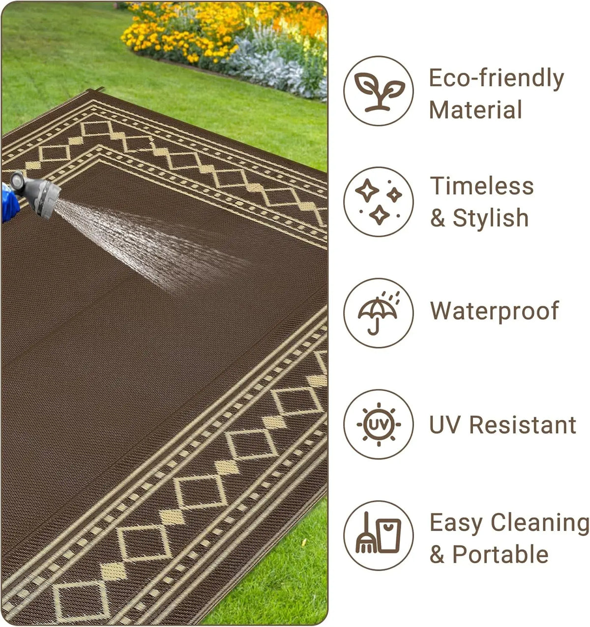 9x18 Waterproof Reversible Outdoor Rug – Diamond Border Plastic Straw Patio Mat, for RV, Deck, Porch, Picnic, Balcony & Beach, Coffee