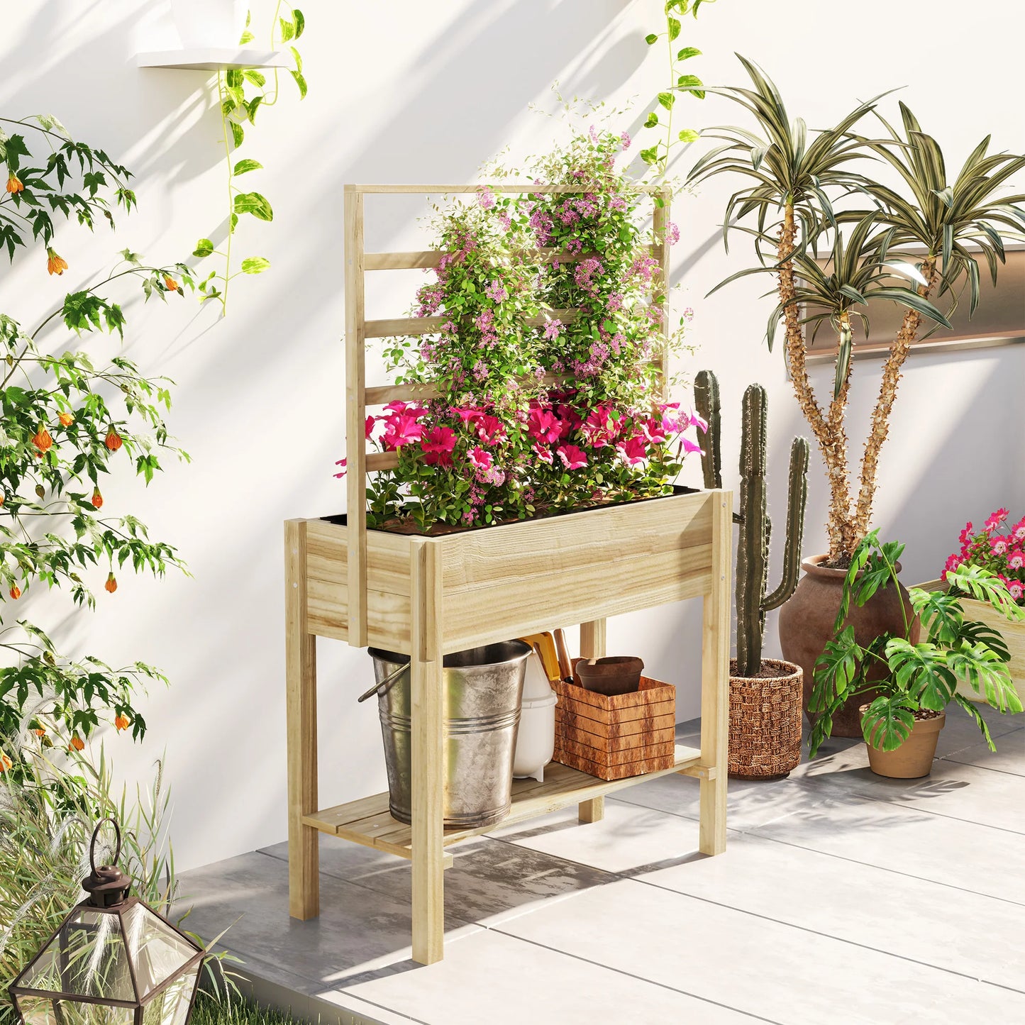 Wooden Raised Planter Box with Trellis, Raised Flower Bed with Storage Shelf, Outdoor Garden Planter for Vegetables, Flowers, Herbs