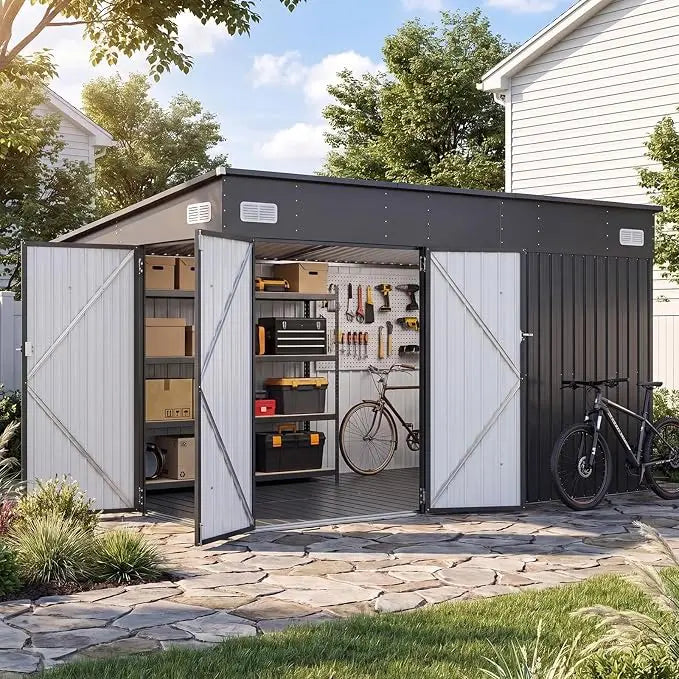 Waterproof Metal Outdoor Storage Shed With Three Lockable Doors