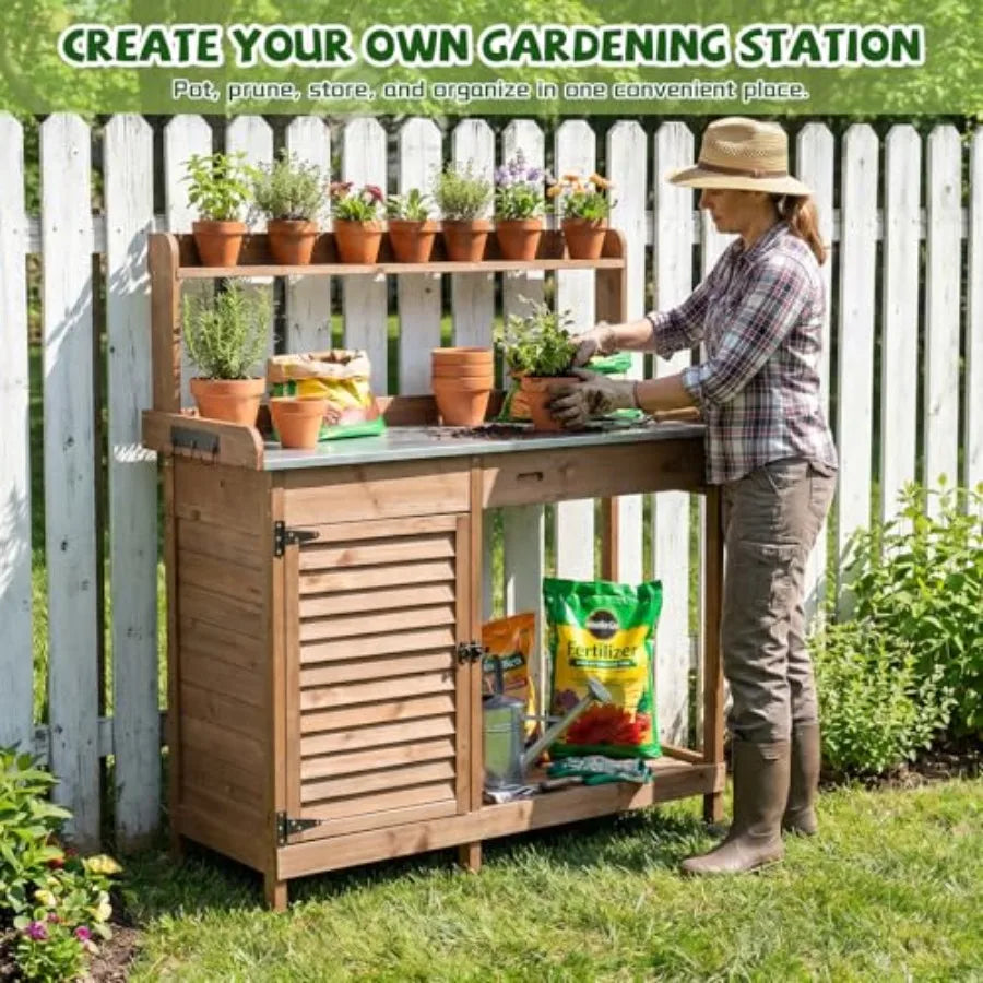 Outdoor Potting Bench Table For Patio, Backyard, Garden, Greenhouse; Wooden Frame With Metal Tabletop; Natural Brown; Includes
