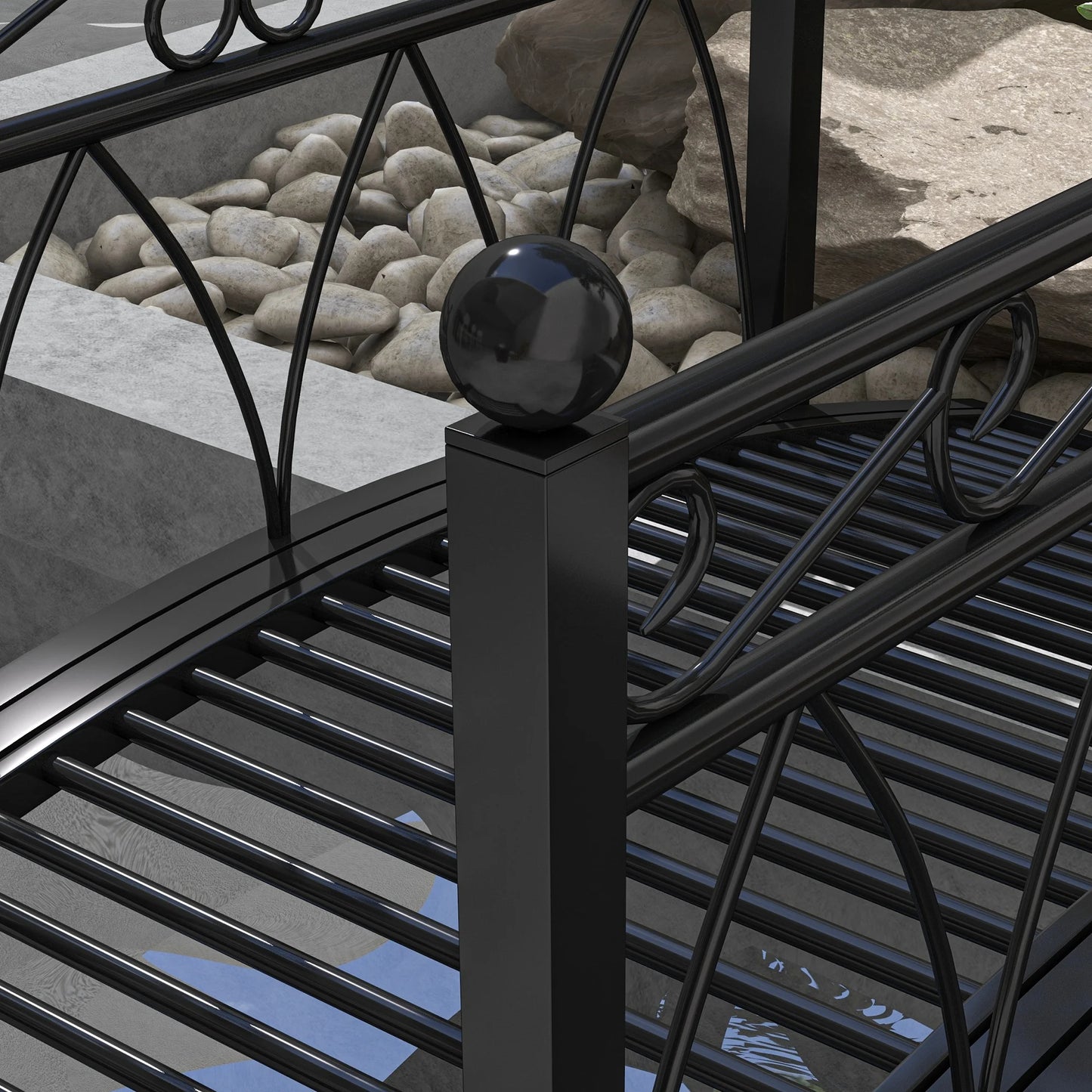 3.3' Metal Garden Bridge, Safety Railings, Spheres, Scrollwork for Pond, Stream