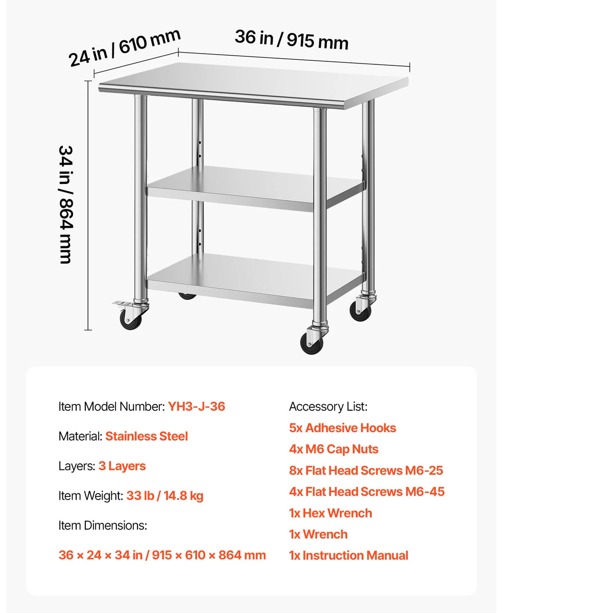 SucceBuy Stainless Steel Work Table With Wheels Commercial Kitchen Station