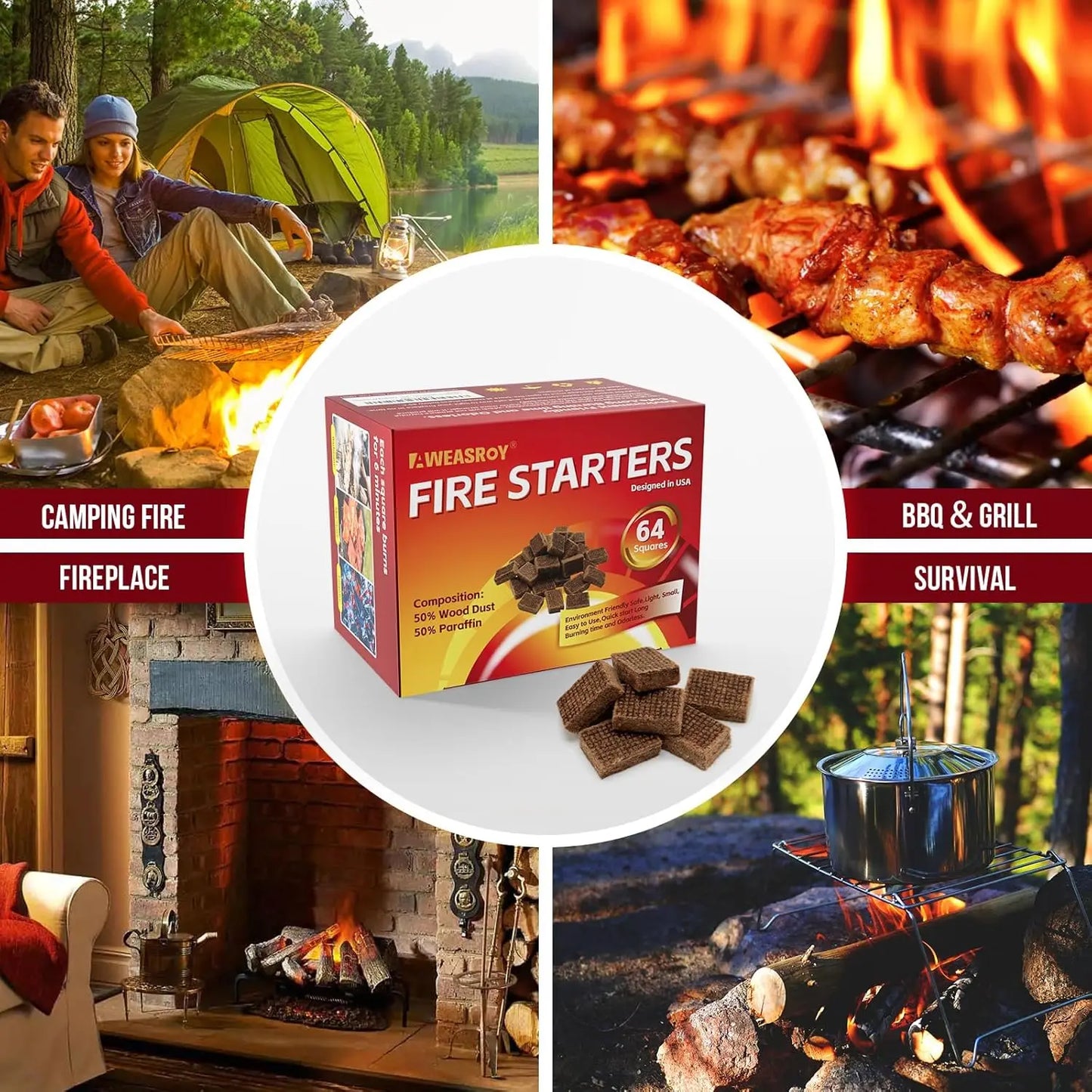 Fire Starter Squares 64 - Fire Starters for Fireplace,Chimney,BBQ Grill,Camping Fire,Wood Stove - Water Resistant and Safe Odourless - Camping Accessories
