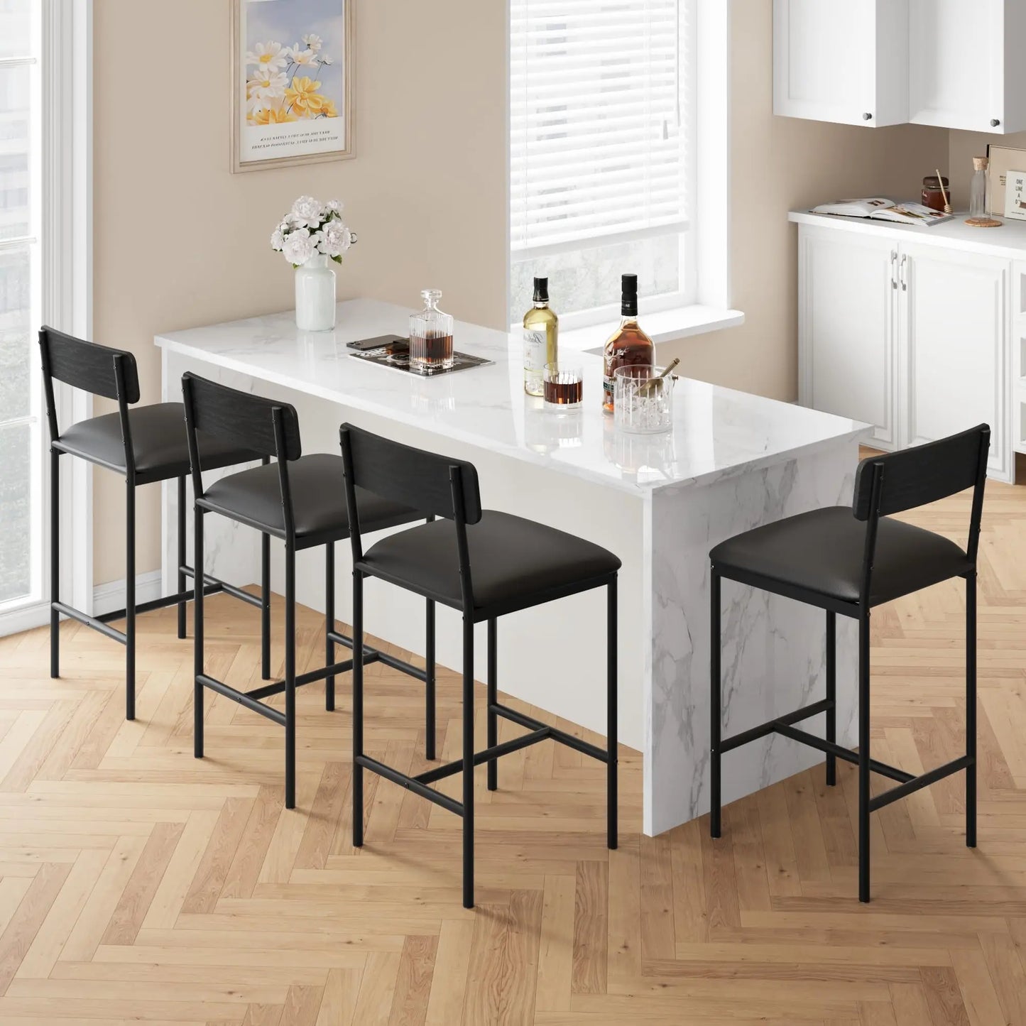 Heavy Duty Bar Stools With PU Leather Backrests And Footrests