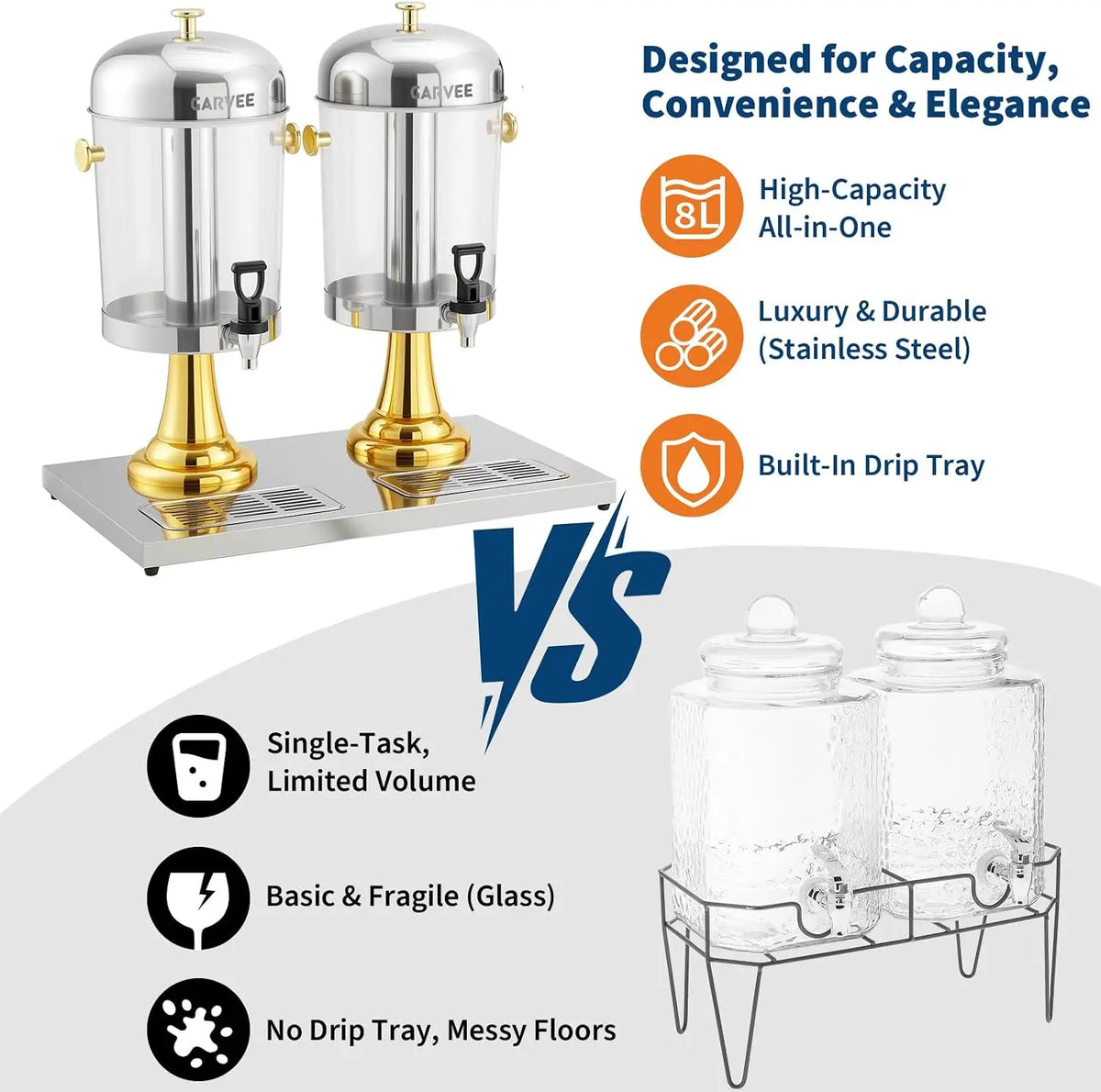 Tacleekii 2.2gal-6.6gal Commercial Drink Dispenser with Ice Core Stainless Steel Beverage Dispenser with Stand, Spigot & Drip Tray for Cold Juice Iced Tea Parties & Weddings