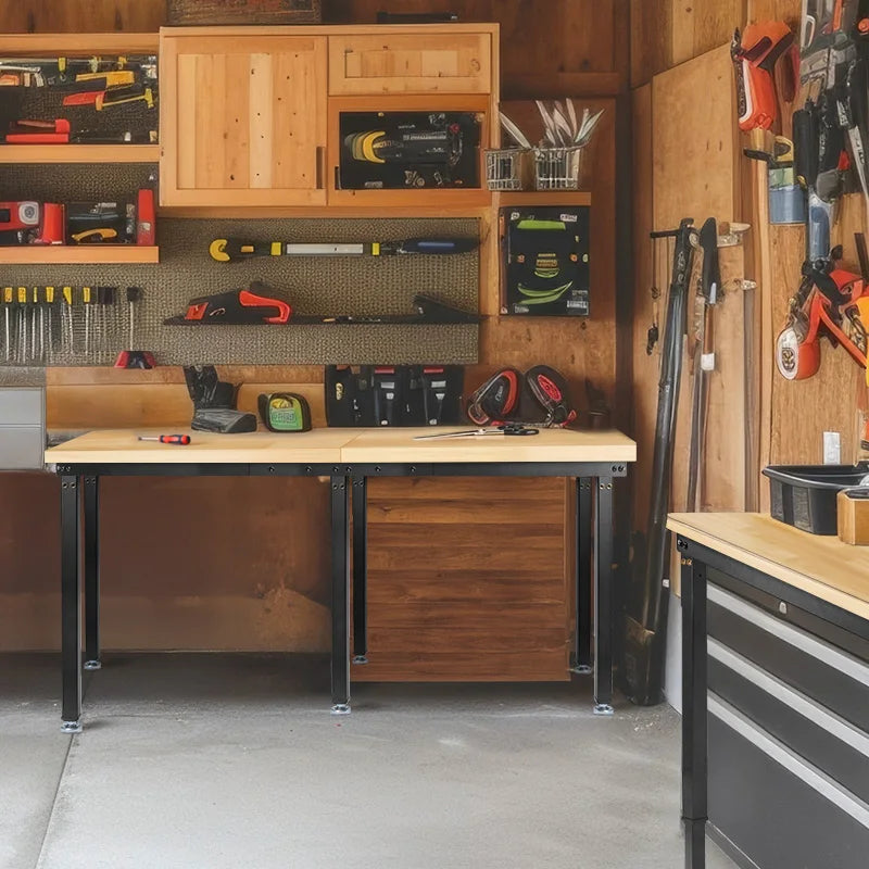 Heavy Duty Adjustable Rubber Wood Workbench With Pegboard Outlet