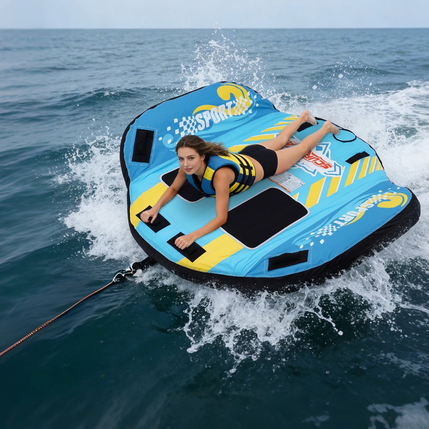 2 Person Towable Tube for Boating, Heavy Duty 420D Nylon Cover Pull Tube with Tow Points, Water Sport Tubes and Towables for Lake River Water Sports Fun