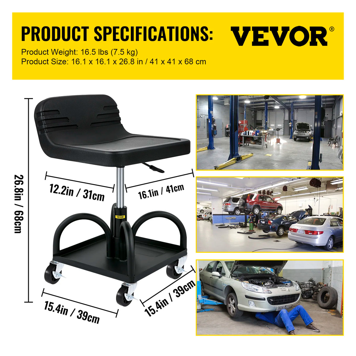 SucceBuy Adjustable Rolling Garage Stool With Tool Tray And Casters