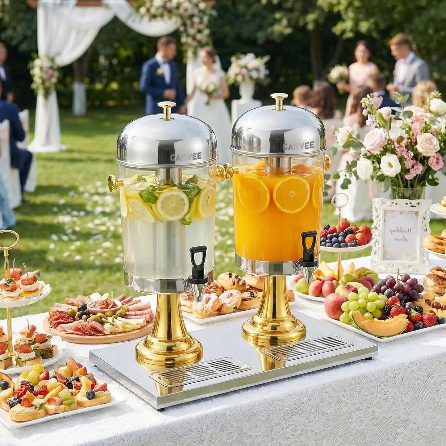 Tacleekii 2.2gal-6.6gal Commercial Drink Dispenser with Ice Core Stainless Steel Beverage Dispenser with Stand, Spigot & Drip Tray for Cold Juice Iced Tea Parties & Weddings
