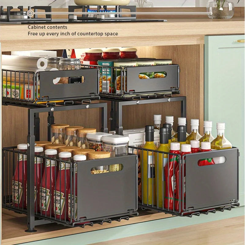 Aehome Adjustable Metal Under Sink Slide Out Cabinet Organizer Shelf
