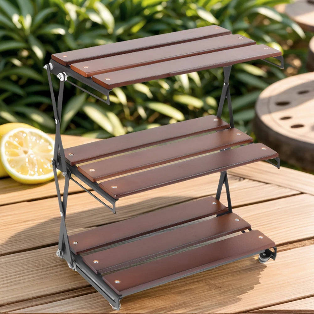 3-Tier Foldable Wooden Camping Shelf with Metal Frame Portable Countertop Storage Rack Outdoor Camping Rack Camping Accessories
