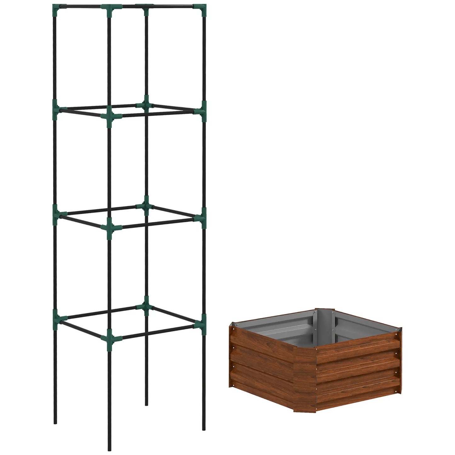Galvanised Raised Garden Bed with Tomato Cage, Open Bottom, Brown